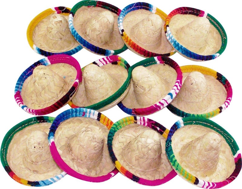 More Fiesta Mini Mexican Sombrero Zapata hat - 4 inches wide Small decorated straw hats, 12-pack - Image 1